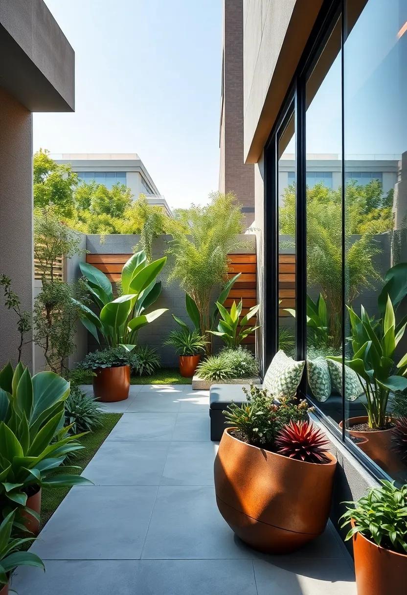 Glass Boundaries Complementing a Sleek Urban Backyard with Sculptural ​Plant Arrangements
