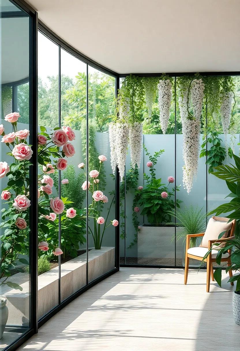 Glass Panels Interspersed with Climbing Roses and Delicate Wisteria Vines⁢ in an Elegant Garden