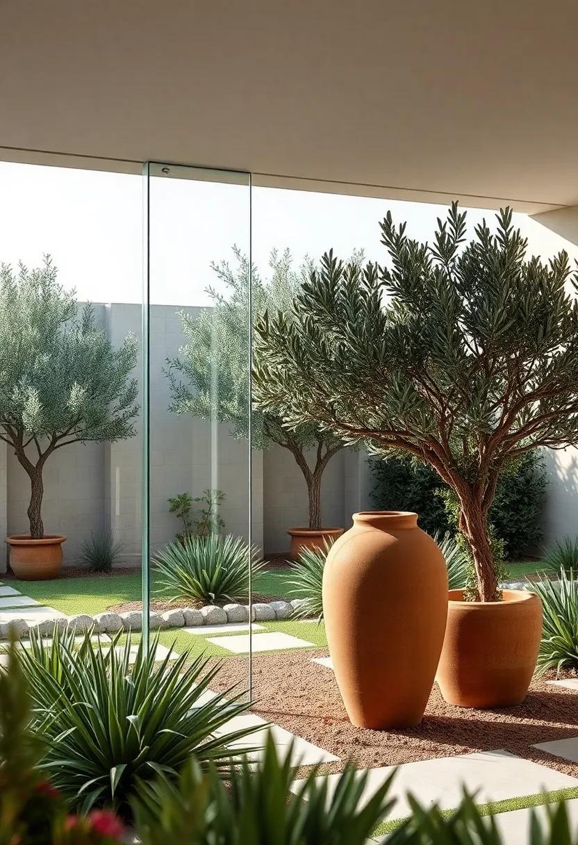 Glass Fences Adorning a Mediterranean-Style⁣ Garden with Olive Trees and Terra Cotta Sculpture