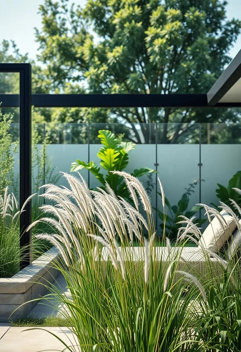 The Harmony of Glass Panel Fences with Wispy Grasses Swaying in a Gentle Summer⁣ Breeze