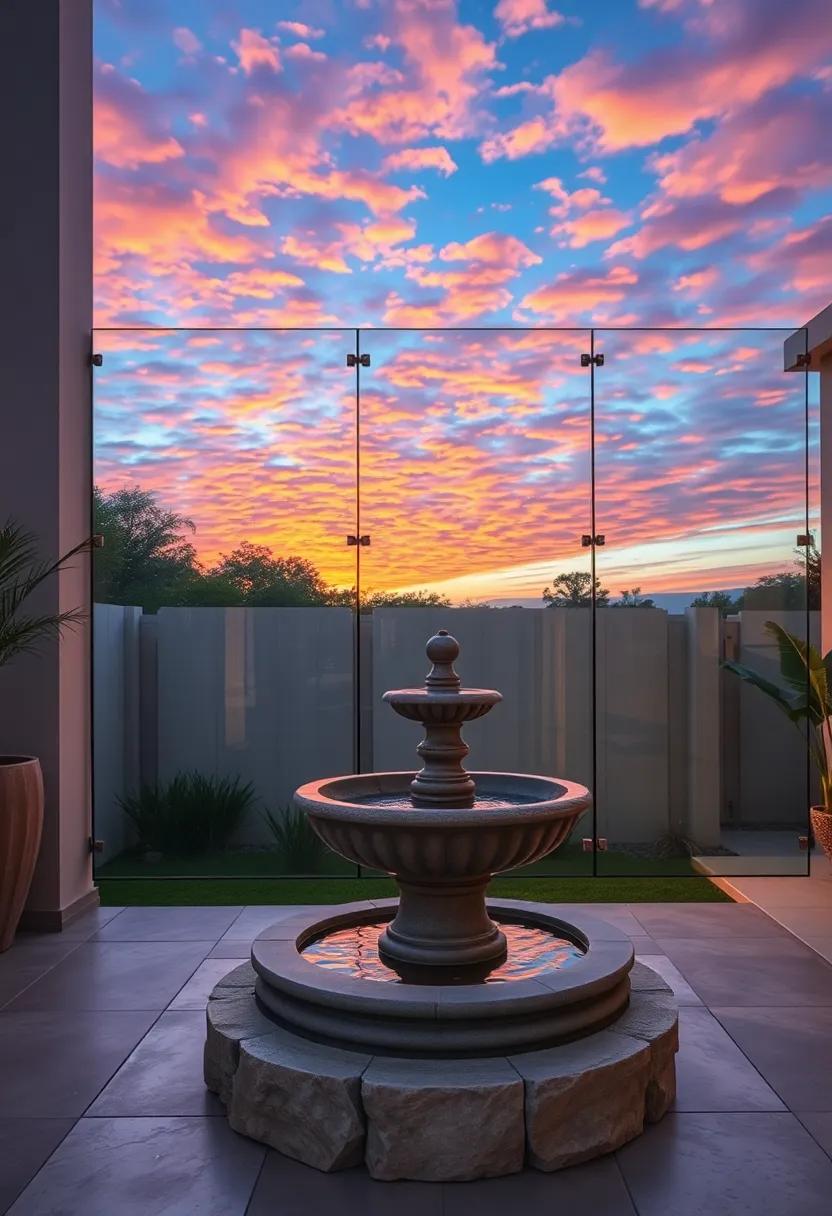 Reflections of a Vibrant sunset Sky Twinkling on Transparent Garden Fences by a Stone Fountain