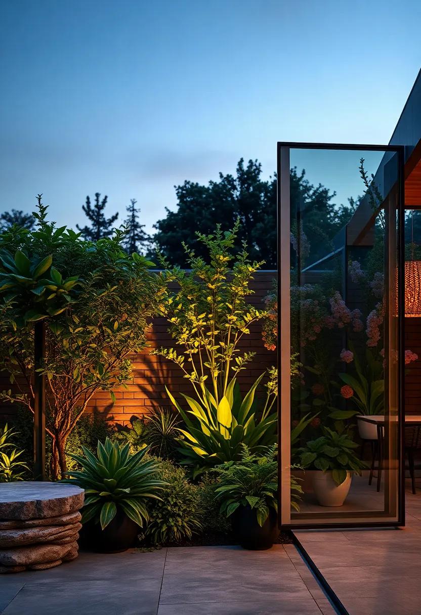 The Seamless Integration of Glass Panels with Lush Garden ⁢Foliage and Blossoming Flowers at⁤ Dusk