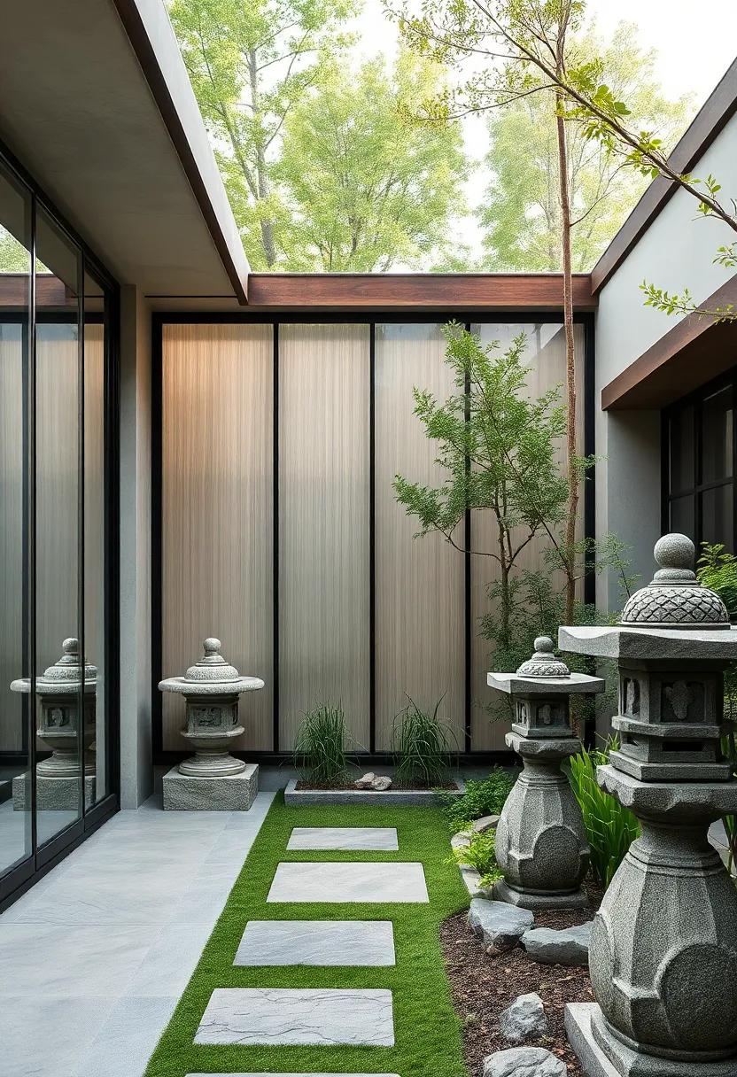 The Subtle Elegance of Glass Panels Paired with Stone Lanterns in a Japanese-Inspired Garden