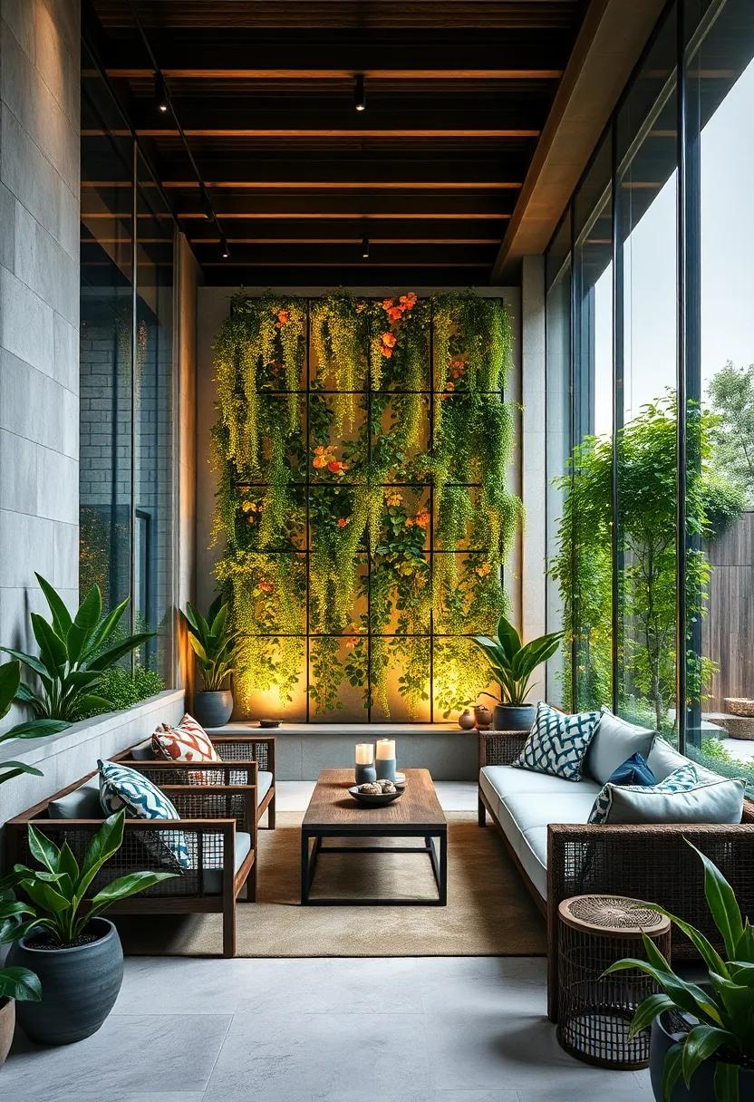 tall Glass Panels Highlighting Vertical Gardens with Cascading Green Vines in an‍ Outdoor Lounge