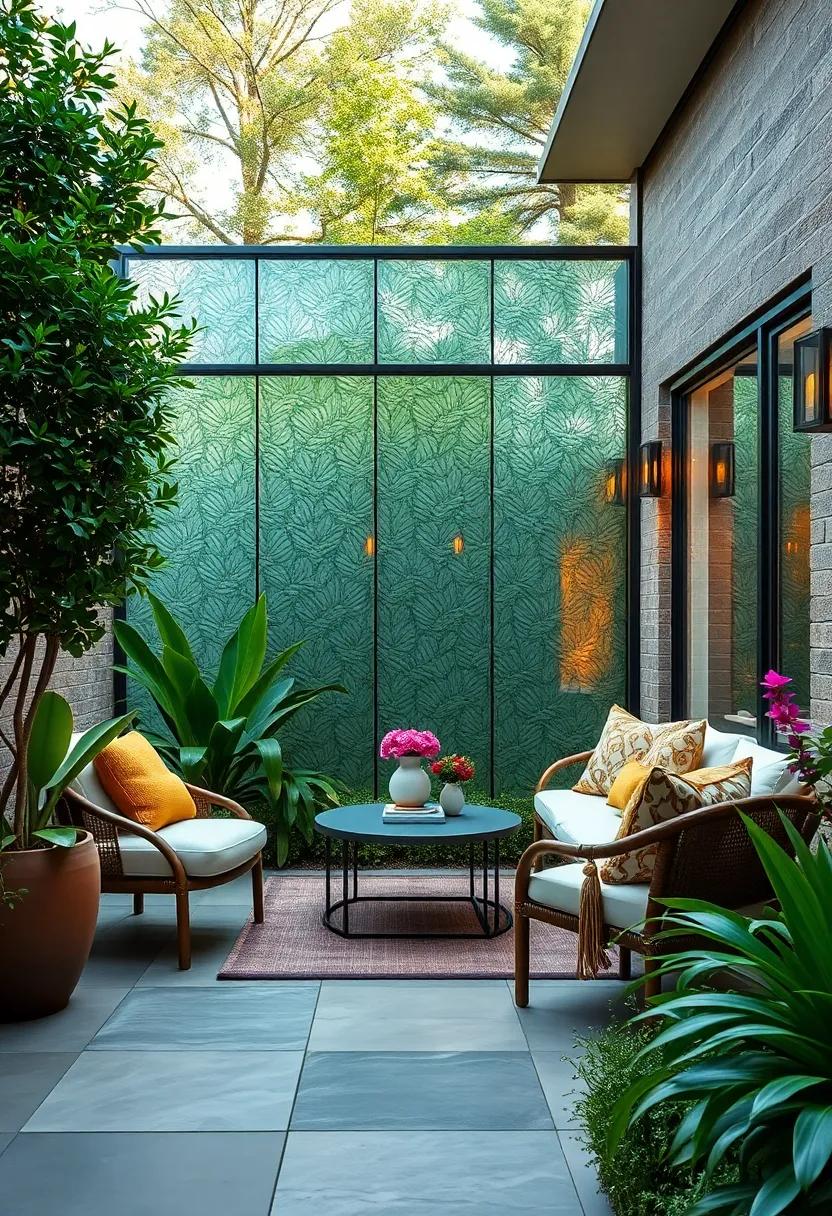 The Use of Textured Glass Panels with Leaf Patterns in a Charming Cottage Garden Setting