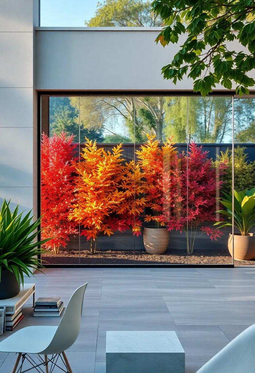 Vibrant autumn Leaves seen Through Crystal ​Clear Glass Panels ⁣Creating a Symphony of Colors