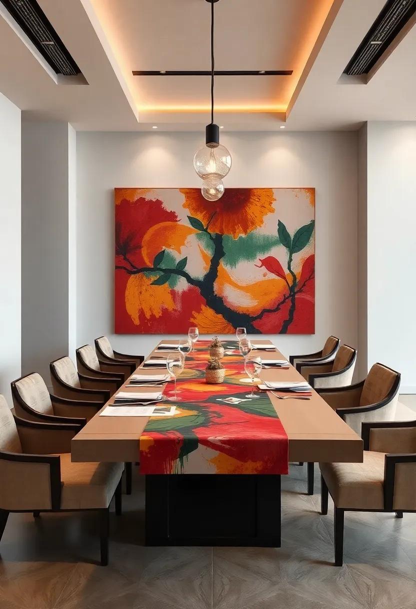 Artful Dining Experience: Delight in ‌a space ‍where the table itself becomes a canvas ⁣with bold paintings ‍displayed as table runners, creating an interactive‍ environment