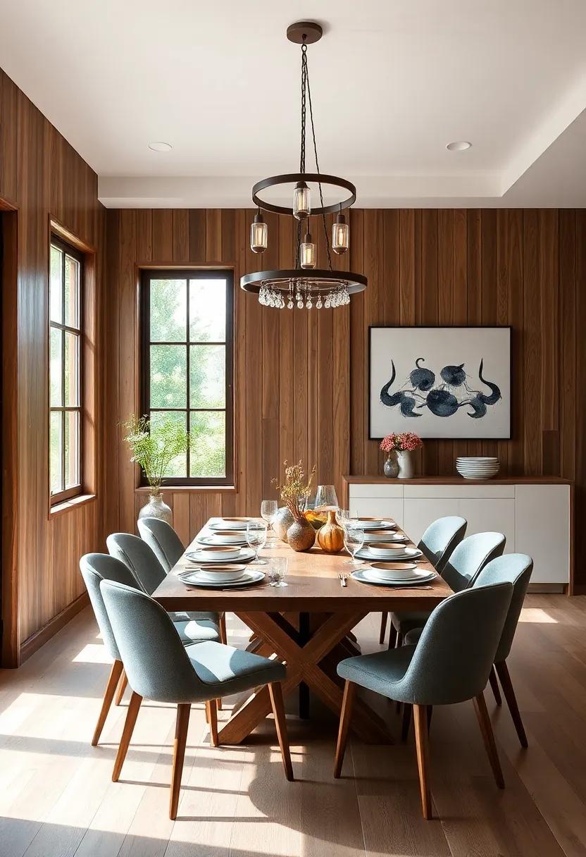 Contemporary Rustic Fusion: revel in ‌a dining room⁤ that harmonizes rustic wood details with sleek‍ contemporary lighting, marrying old-world charm and modern minimalism