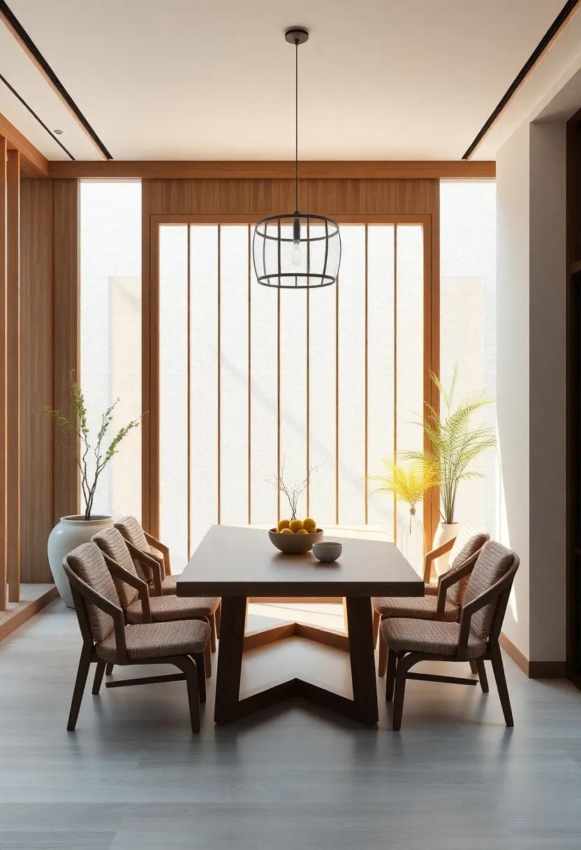 Minimalist⁢ Zen Oasis: Explore ⁣a serene ‍dining space featuring clean lines, natural wood, and subtle Asian-inspired decor ‍that encourages mindfulness and relaxation