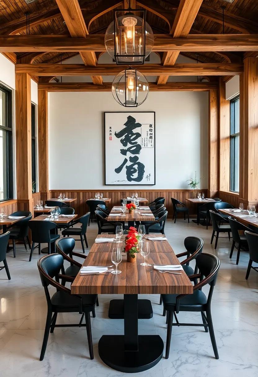 Rustic Charm⁤ Meets Modern ‌Flair: Experience the warmth of ⁢farmhouse wood‍ beams paired with bold Japanese calligraphy ⁣artwork,⁤ inviting conversation and creativity at every meal