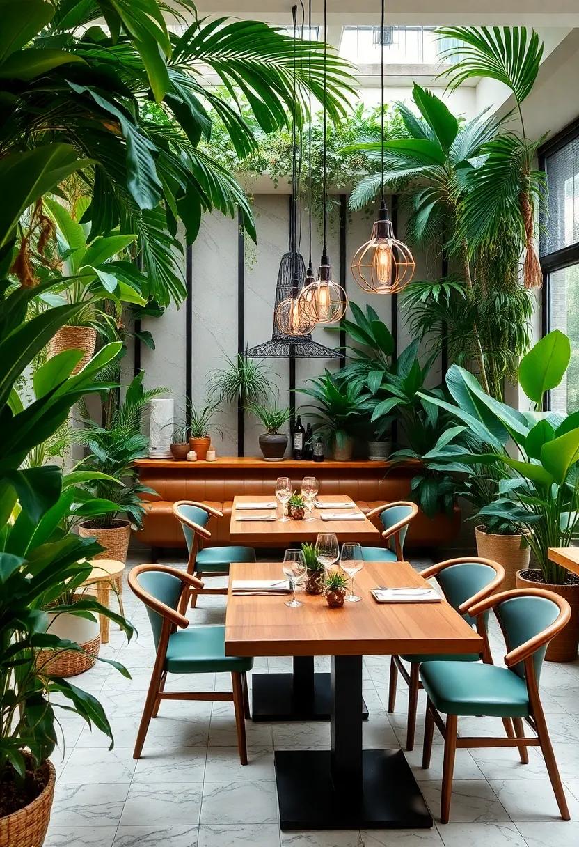 An Urban Jungle: Get lost in a ⁤lush ⁤dining space adorned with tropical plants and earthy tones, perfectly blending urban sophistication with natural⁤ elements