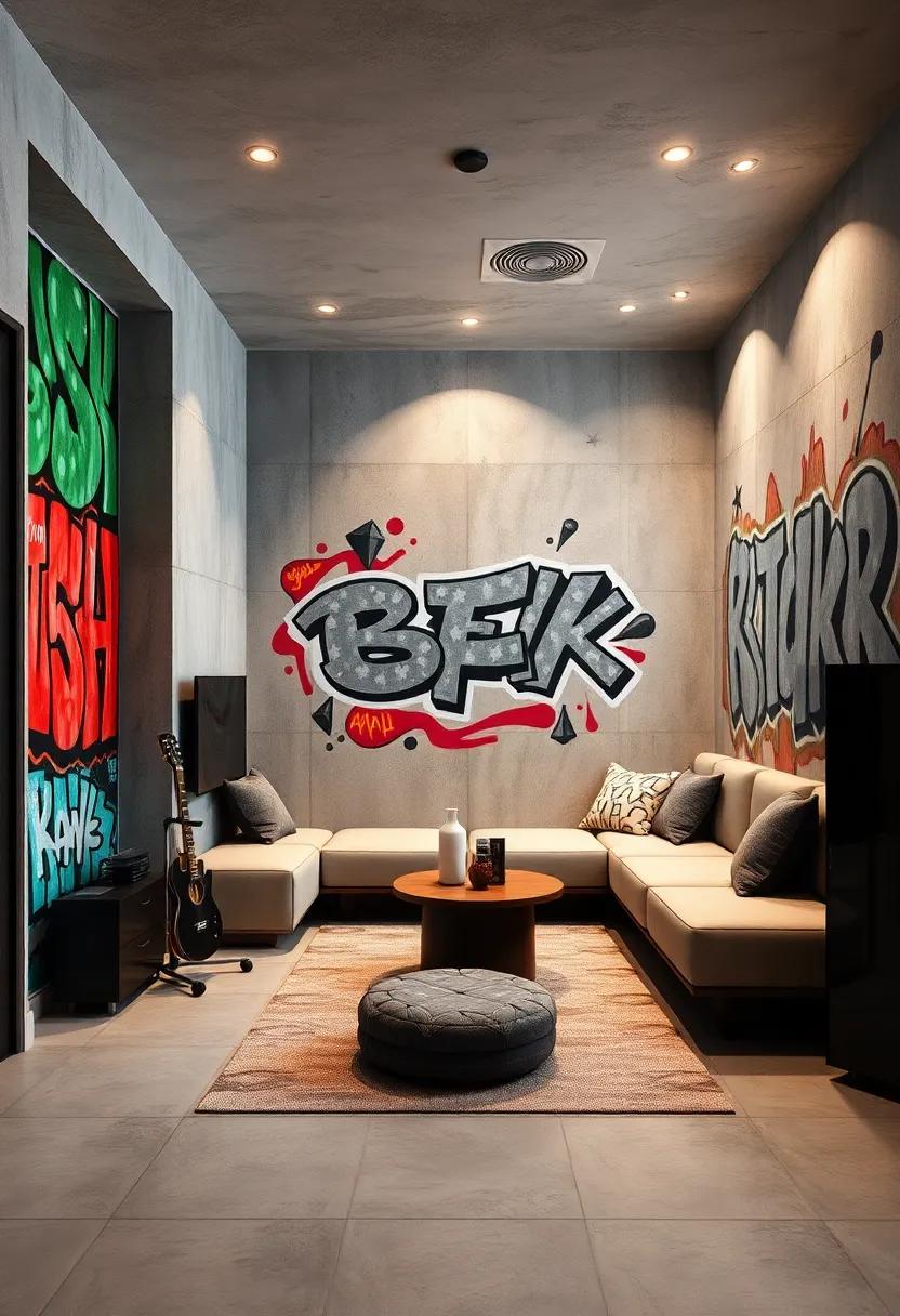 Include a music corner with graffiti-themed wall panels and seating