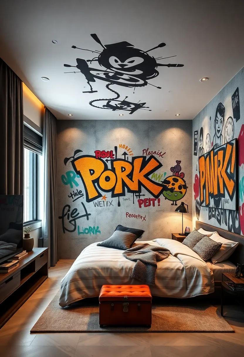 Incorporate urban-inspired stencil art across the ceiling or doors