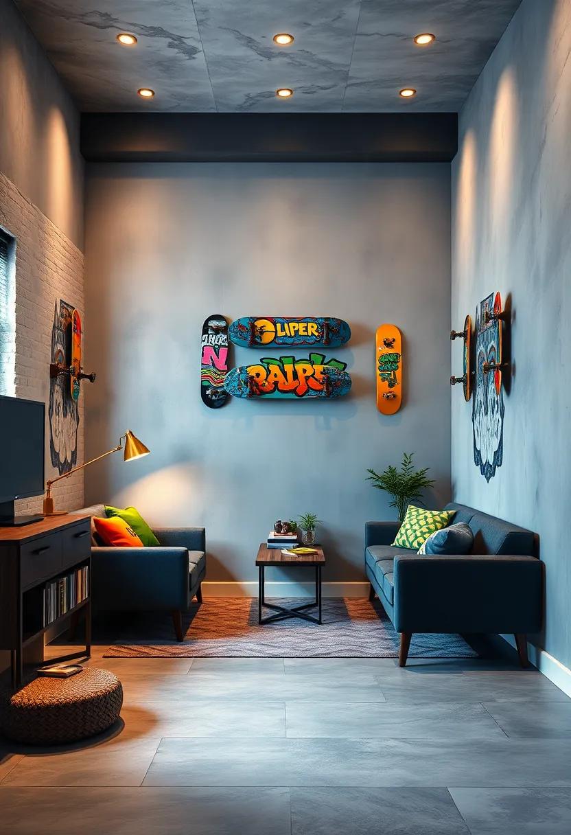 Integrate skateboards mounted as wall shelves or decor