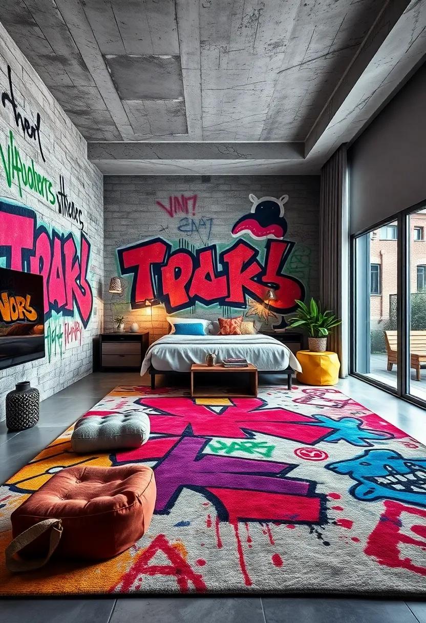 Layer layered rugs with vibrant street art motifs and​ textures