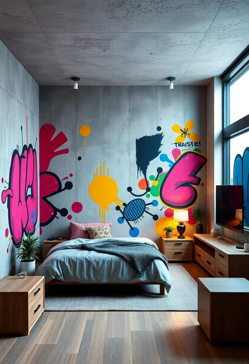 Spray-painted accent walls featuring abstract shapes and vibrant colors
