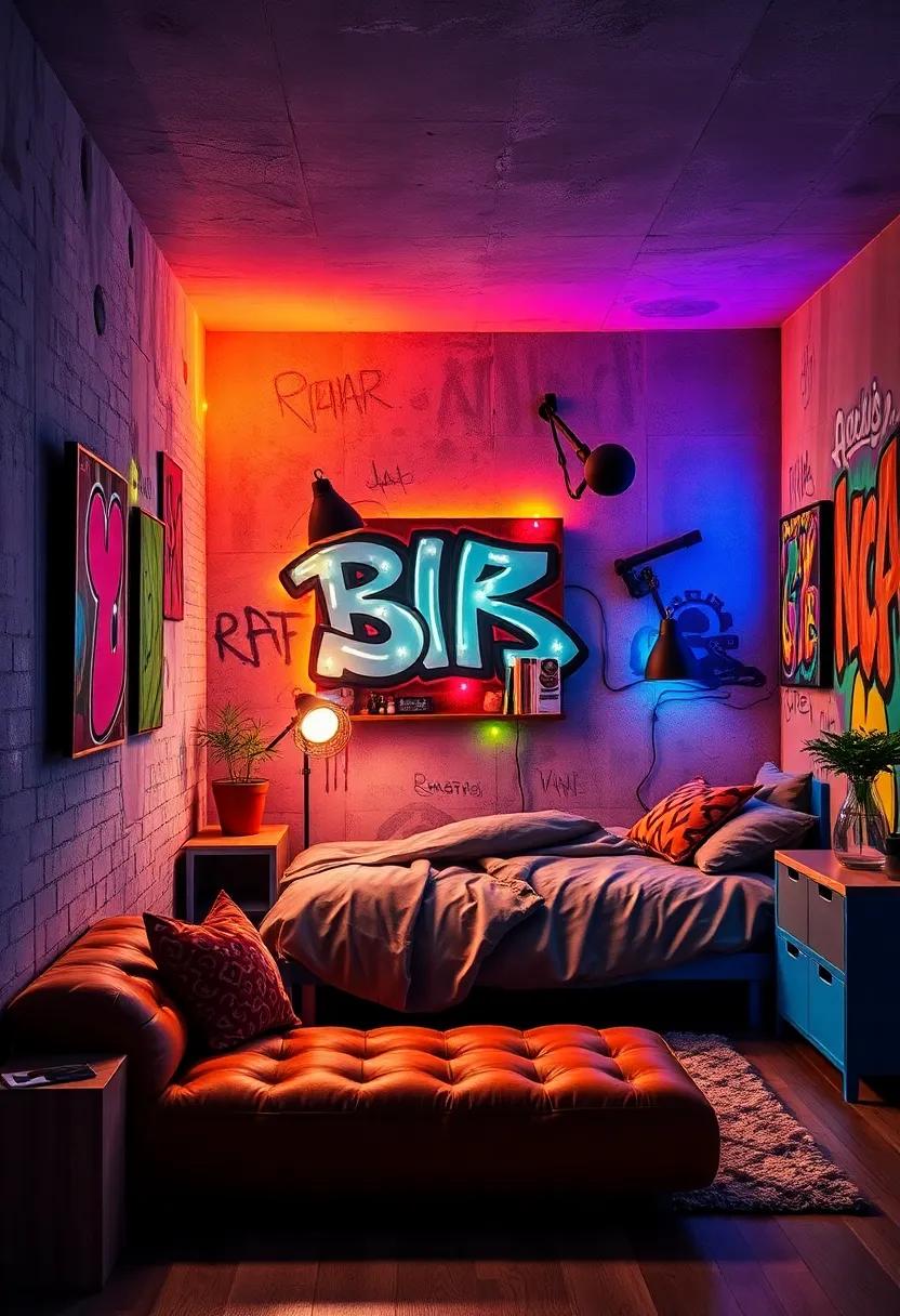Use neon lighting to highlight key artwork ⁤or ⁣create a street vibe