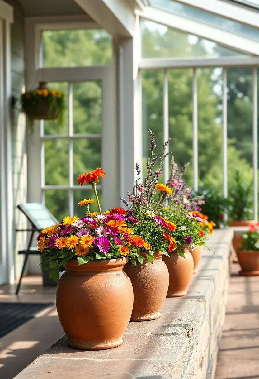 Clay Pots Overflowing⁢ With Colorful Wildflowers Sitting on a ‍Sun-Drenched Porch Ledge