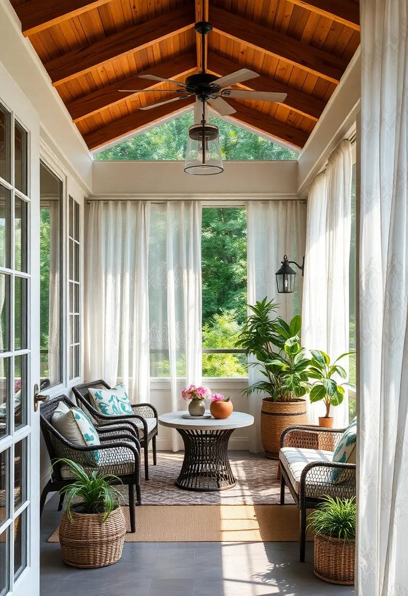 delicate Lace Curtains Gently Swaying in the Breeze within a Garden⁢ Room ‌Styled Screened Porch