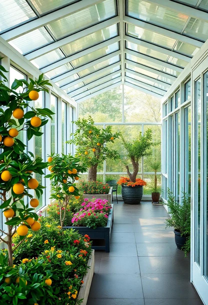 Delicious Citrus Trees⁣ Bordered by Bright Flower Beds Growing Within Glass-Panel Enclosures