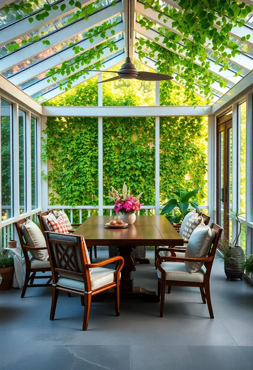 An Elegant​ Outdoor Dining ‍Table set​ Against a Backdrop of Vibrant Creeping Ivy on a Screened Porch
