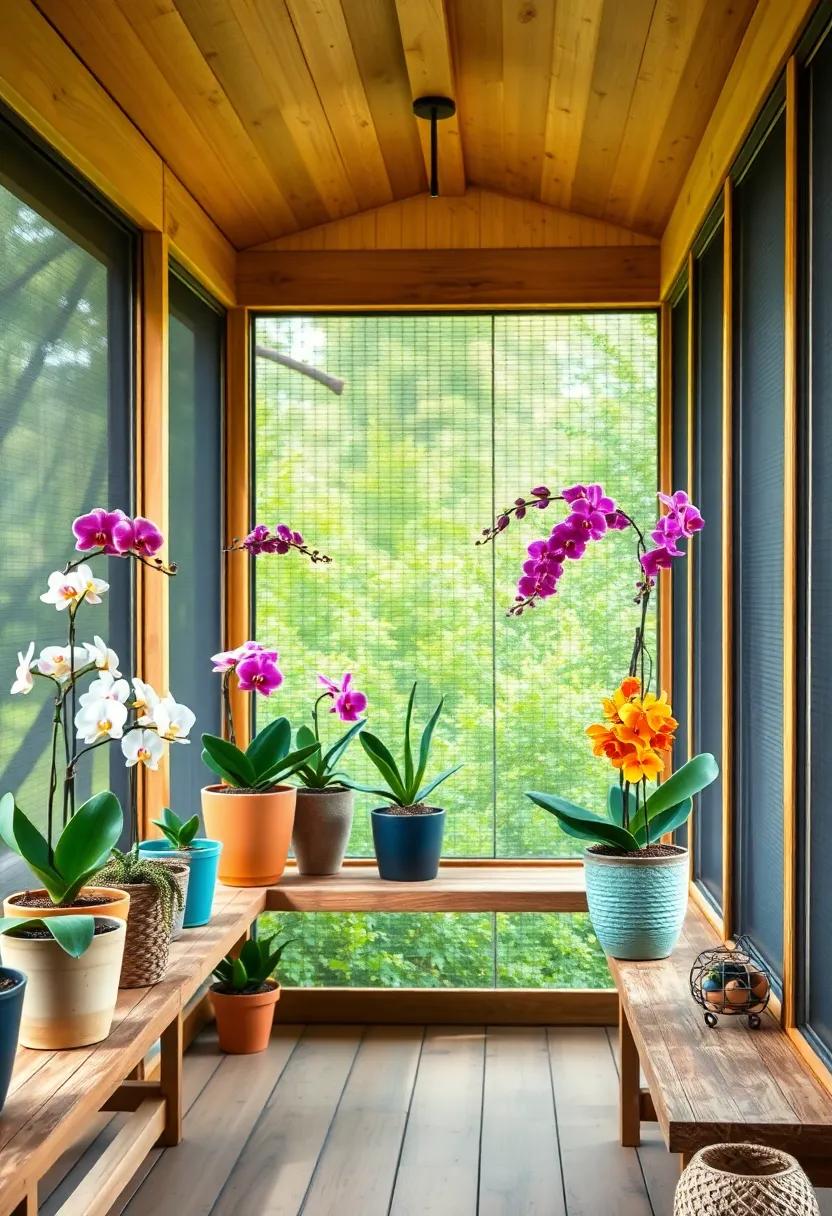 Exotic Orchids in Colorful Pots Arranged on Rustic Wooden Shelves‌ Framed By​ Screened Windows