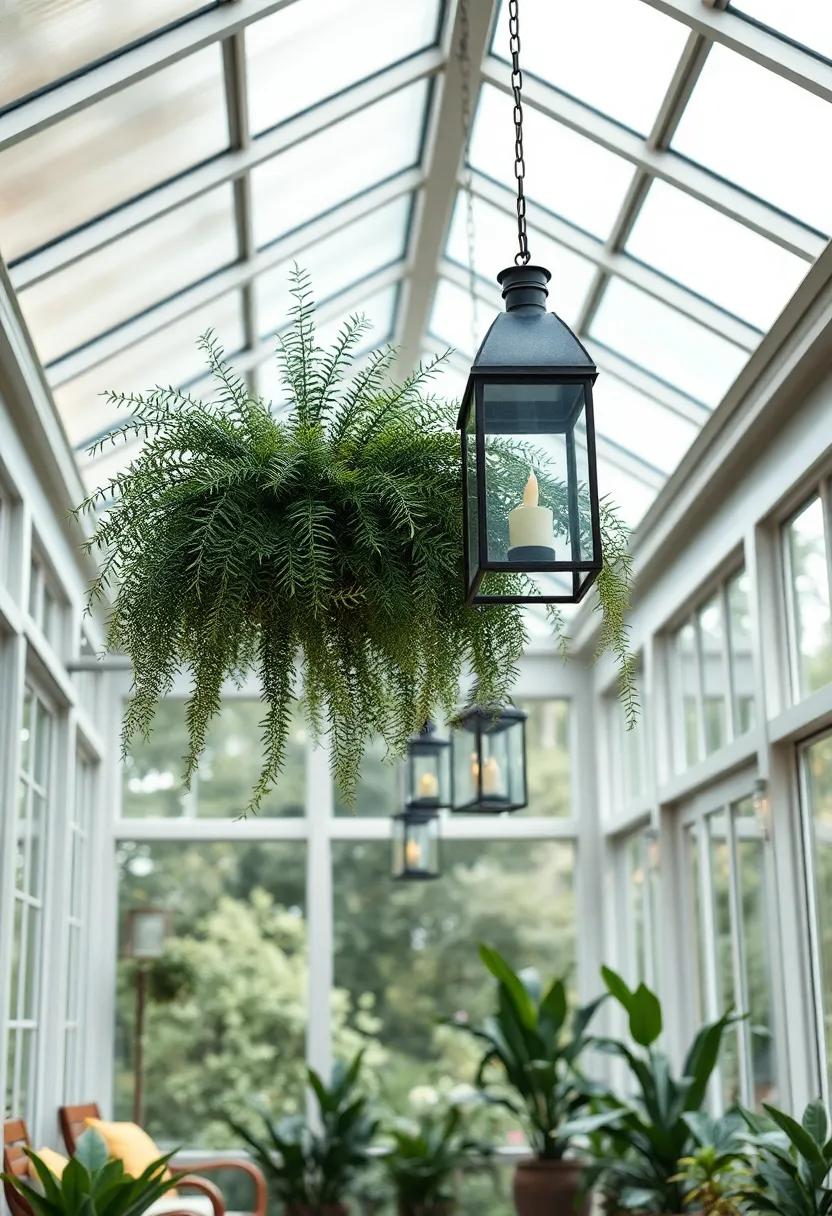 Hanging Ferns and Decorative⁢ Lanterns Suspended Beneath a Cathedral Glass​ Ceiling ⁤in a Greenhouse‌ Porch