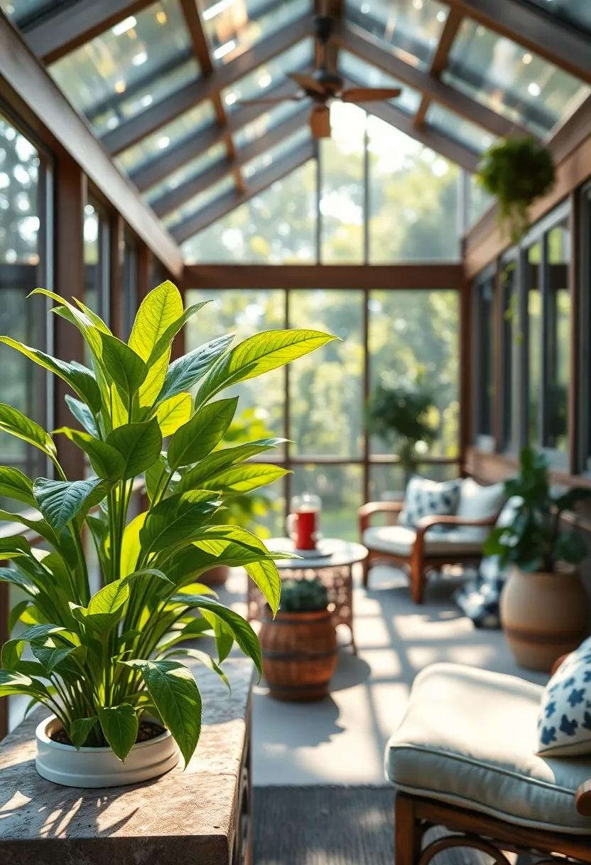 Morning Dew⁢ Highlighting ​Fresh Leaves and Dewdrops on Screened Porch ‌Plants​ Bathed⁢ in ⁤Soft Light