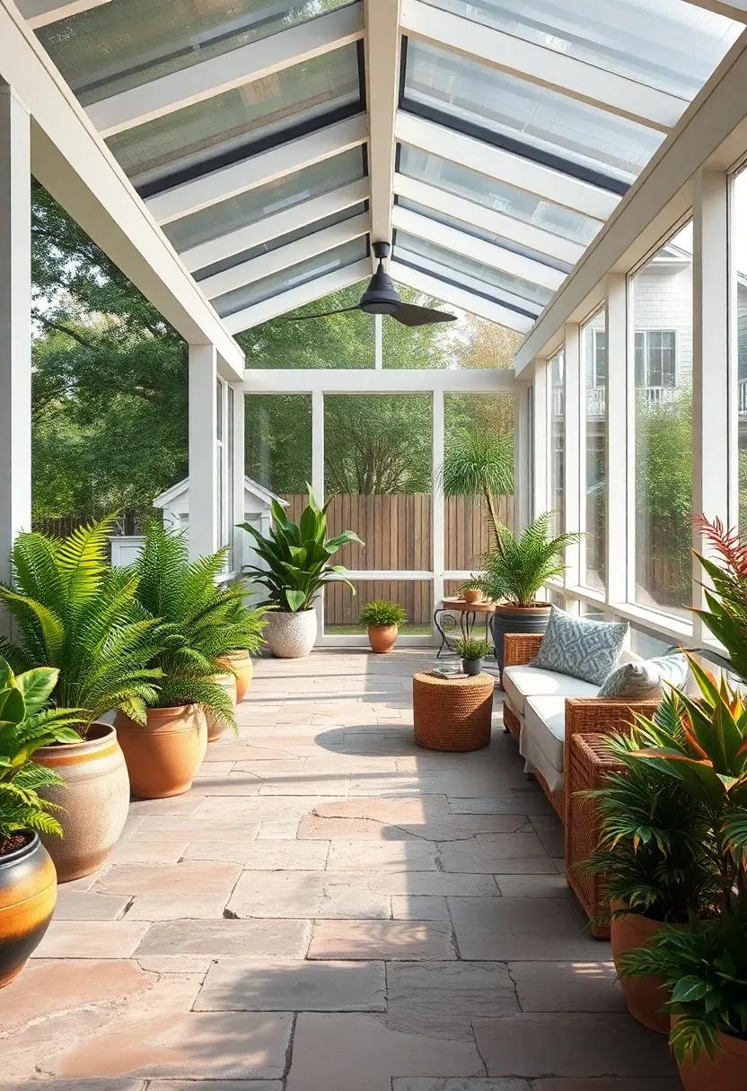 Natural ⁢Stone Floor Blending Smoothly With Lush Potted⁢ Ferns and Succulents Under a Screened Roof