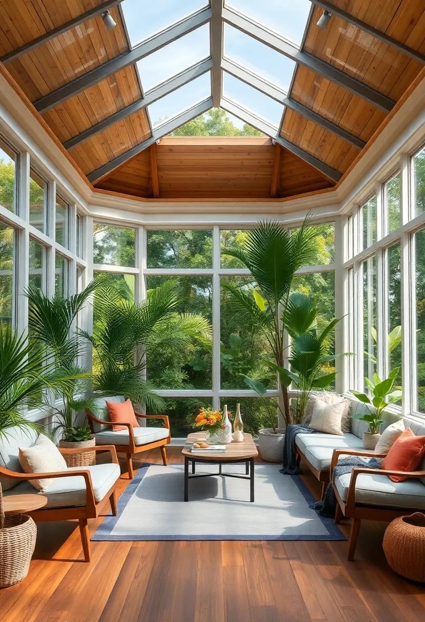 Octagonal Glass Roof Bringing the Open Sky​ Into⁢ a Cozy Lounge Space ⁤Filled With ⁣Palms and Ferns
