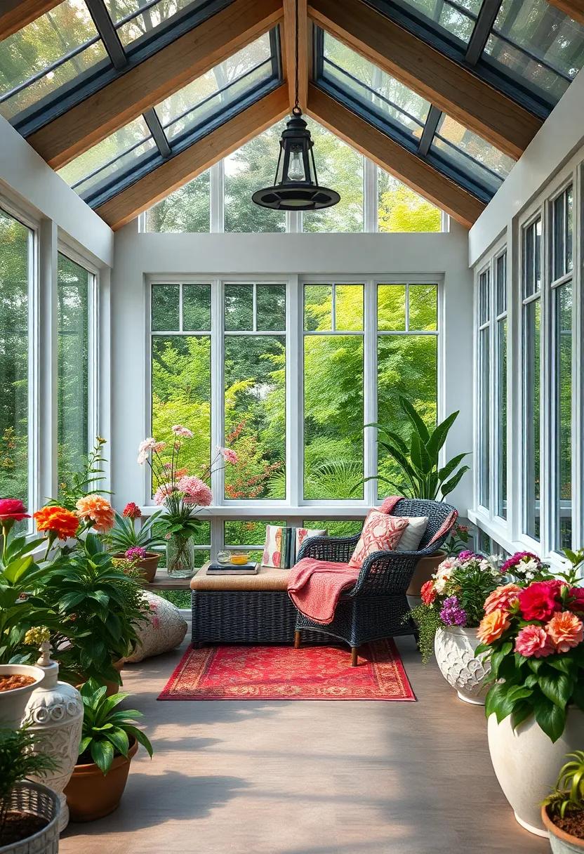 A Serenity-Filled Reading Nook⁢ Nestled Among Blooming Florals Under Stained ‍Glass ​Panels