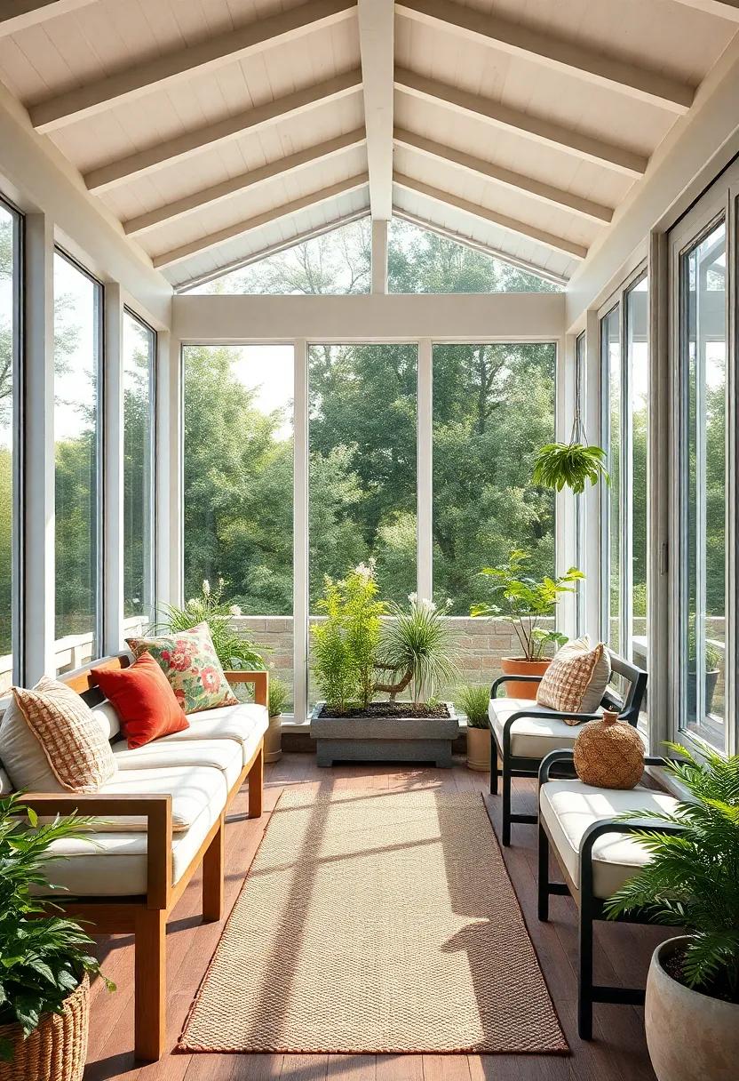 Soft ‌Cushioned Benches Overlook a Miniature ⁤Herb Garden ⁣in a Bright and Airy Screened porch