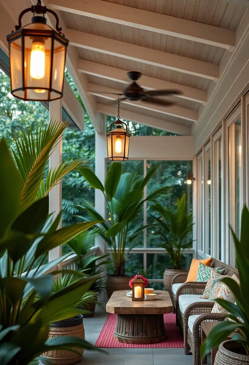 Stylish Outdoor ⁤Lanterns​ Providing Soft Illumination over Tropical Foliage and Wood Accents