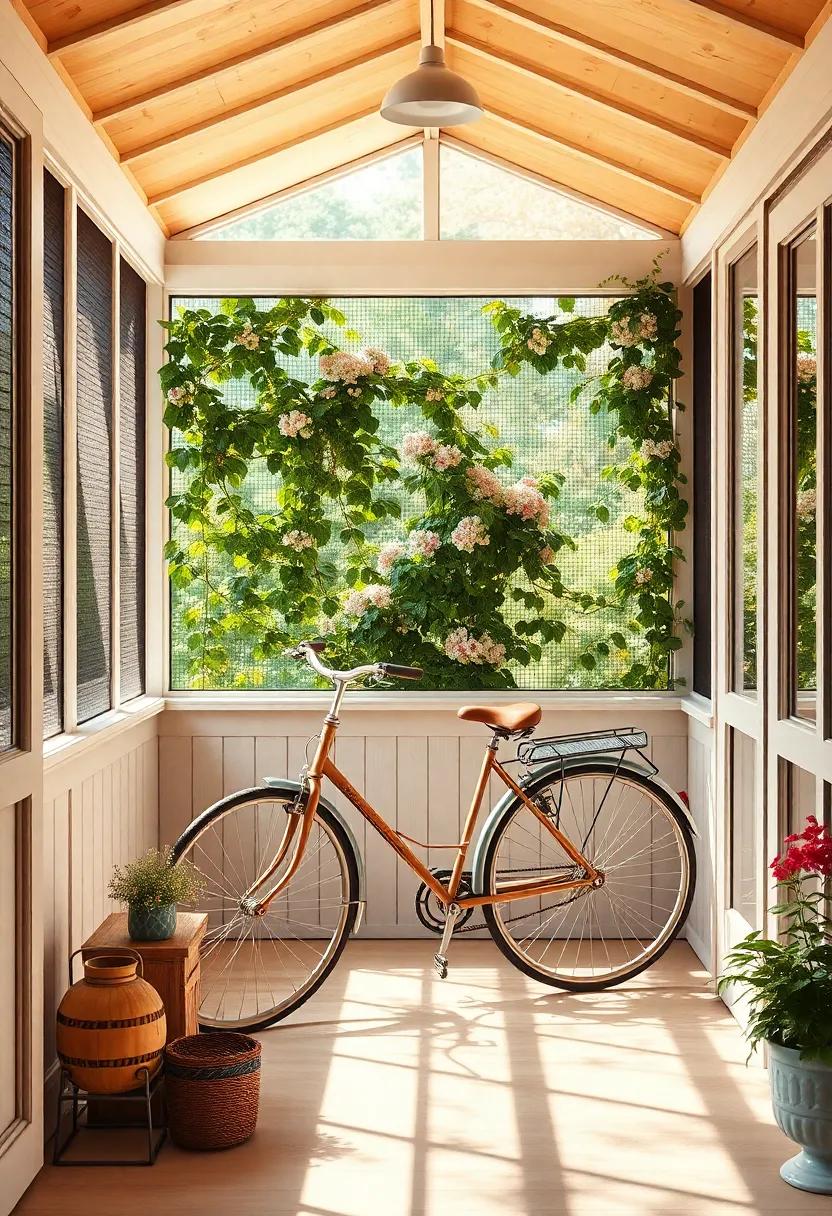 A Vintage Bicycle Leaning Against a Screened Wall Covered​ With Blooming Jasmine and Ivy