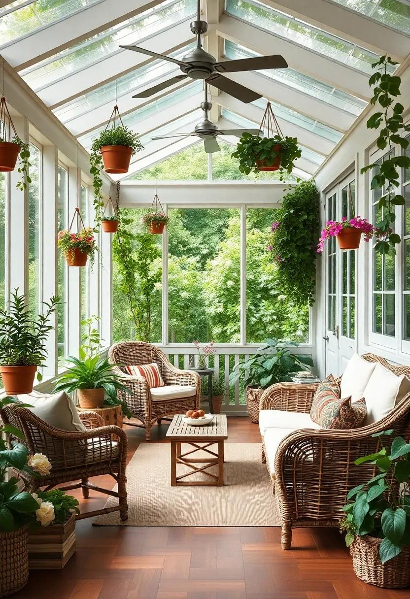 Wicker ⁣Furniture Surrounded ⁣by Hanging Flower Pots and⁣ Climbing⁢ Vines in a Garden-Inspired Porch