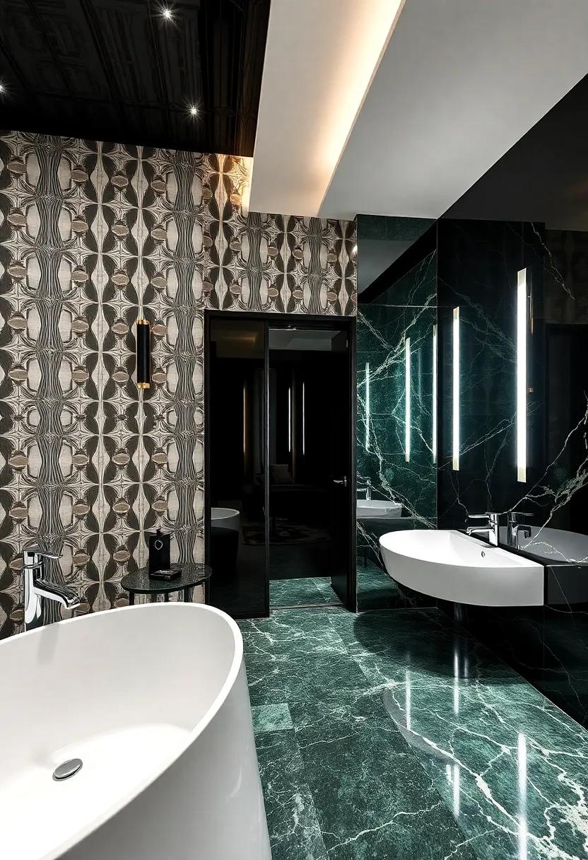 An art deco-inspired suite with bold geometric wallpaper, glossy black accents, and an ensuite bathroom adorned with polished chrome and green marble