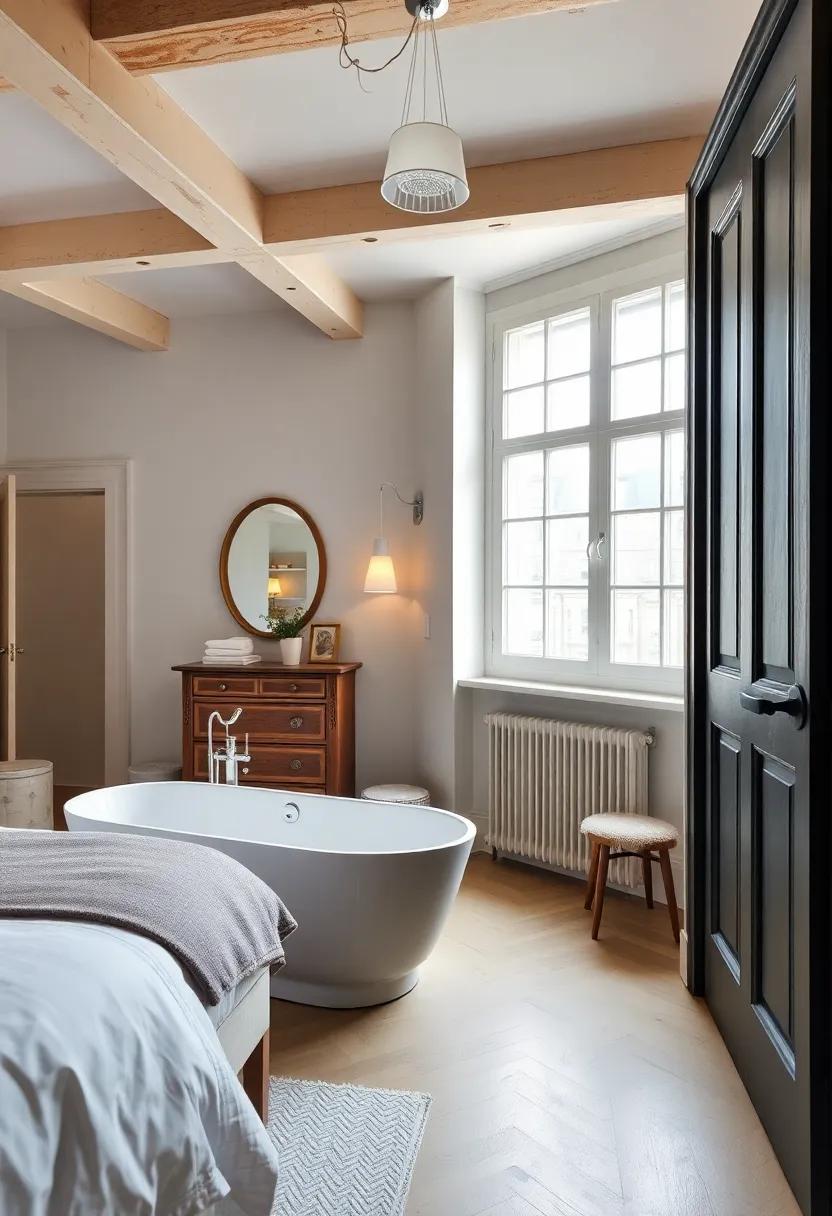 A chic parisian loft with exposed beams, a mix of vintage and modern décor, and an ensuite featuring a statement freestanding bathtub
