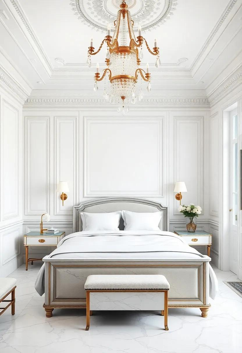 A classic Parisian-inspired bedroom with ornate moldings, a crystal chandelier, and a sophisticated marble ensuite with vintage brass fixtures