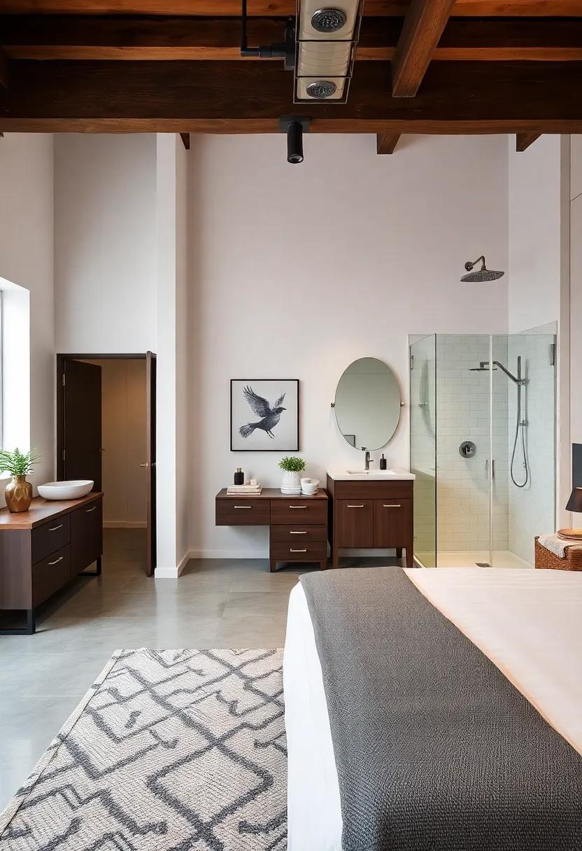 A contemporary loft-style bedroom with industrial accents and a sleek ensuite featuring dual vanities and a steam shower