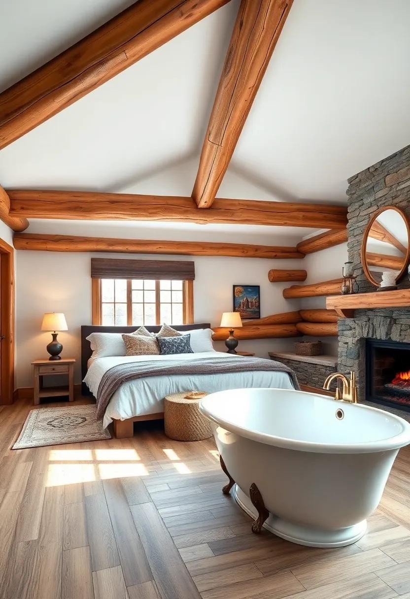 A cozy mountain lodge bedroom with rustic wooden beams, a stone fireplace, and an ensuite that boasts a deep clawfoot tub and heated floors