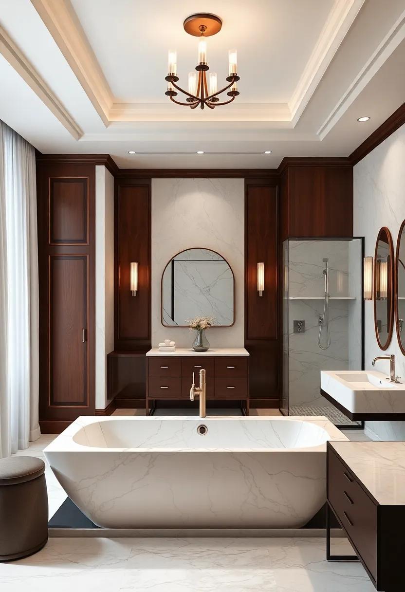 An elegant suite adorned with rich mahogany finishes and a marble-clad ensuite bathroom complete with a freestanding soaking tub and rain shower