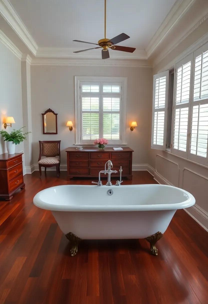 An elegant colonial-style bedroom with rich hardwood floors and an ensuite bathroom complete with plantation shutters and a clawfoot tub