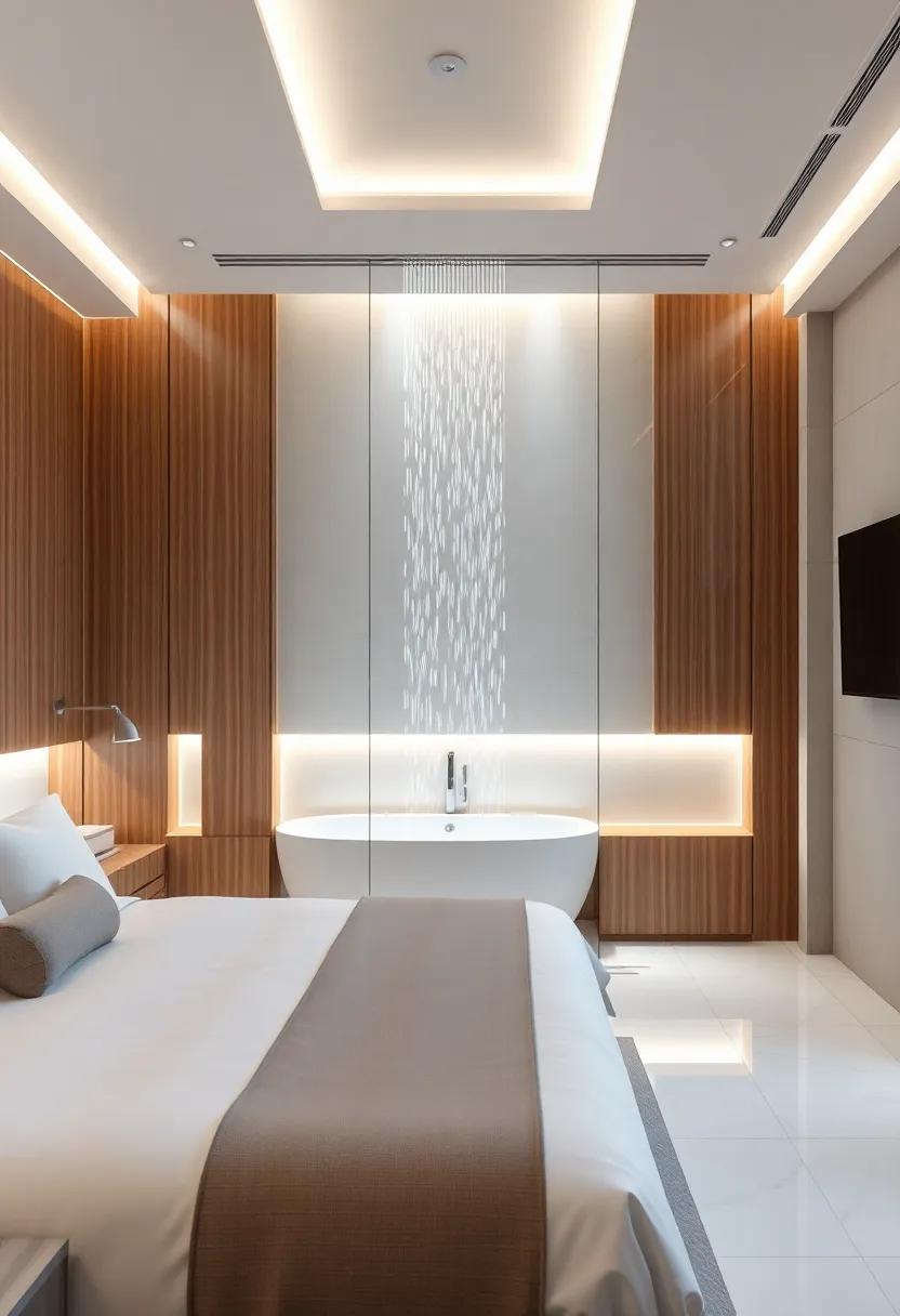 A futuristic bedroom featuring smart technology integration and an ensuite with a digital rainfall shower and touch-activated lighting