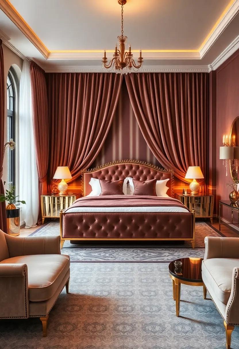 A glamorous Hollywood Regency bedroom with velvet draperies,mirrored furniture,and a luxurious ensuite outfitted with gold-accented fixtures and mood lighting