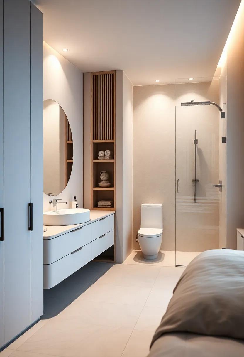 A high-tech minimalist suite boasting hidden storage and an ensuite with customizable lighting and a smart glass shower that adjusts opacity