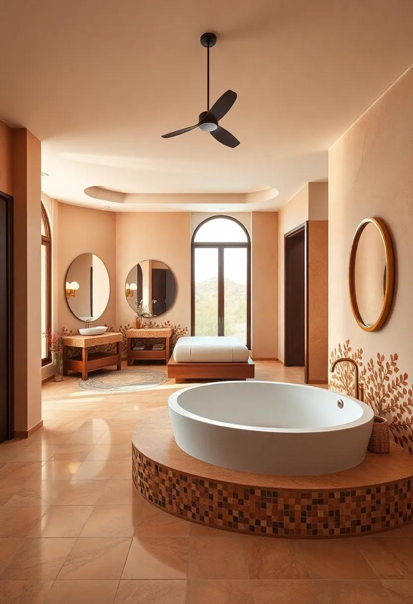 A lavish Mediterranean bedroom wrapped in warm earth tones, with an ensuite showcasing colorful mosaic tiles and a grand soaking tub
