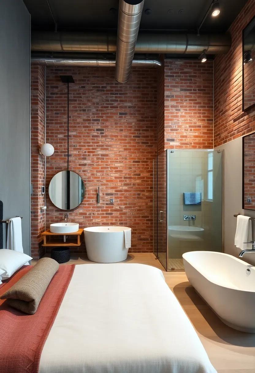 A luxurious loft with exposed brick, leather accents, and a spa-style ensuite featuring a steam shower and built-in aromatherapy system
