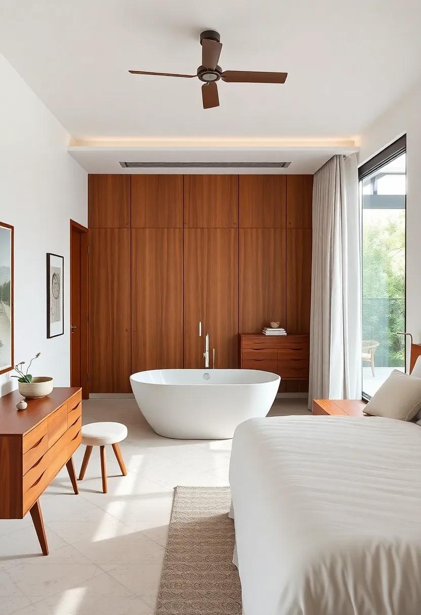 A mid-century modern bedroom with teak furniture, geometric patterns, and an ensuite that features a retro sunken bathtub and minimalist fittings