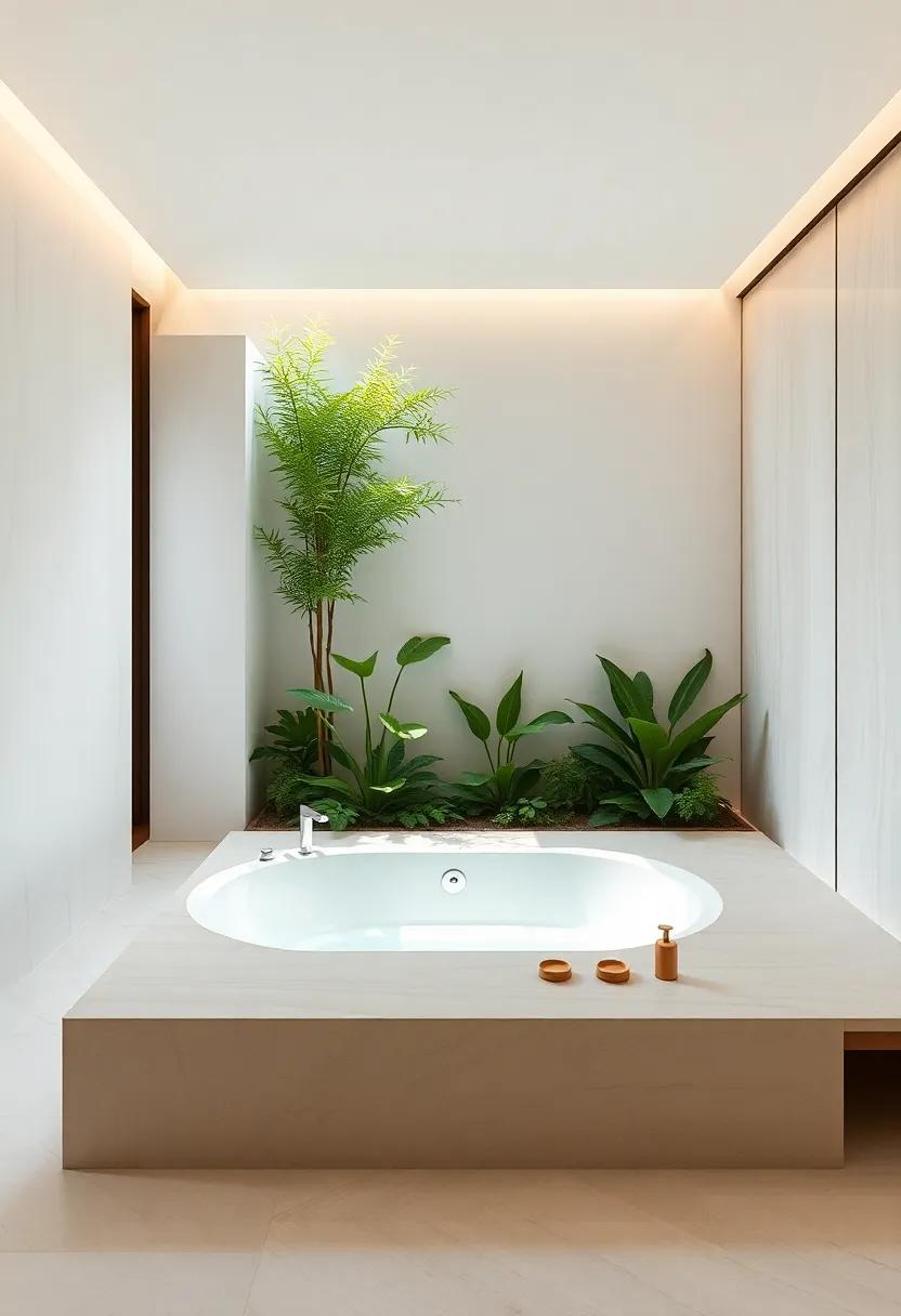 A minimalist masterpiece showcasing clean lines, natural textures, and an ensuite with a sunken bathtub surrounded by lush greenery