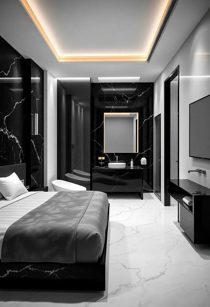 A monochrome black-and-white bedroom with striking contrasts and an ensuite equipped with sleek black marble and contemporary fittings